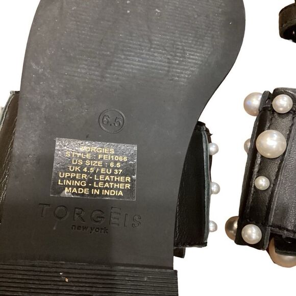 Torgeis Black Leather Flat Toe Ring Pearl Sandals 6.5 - Picture 8 of 11